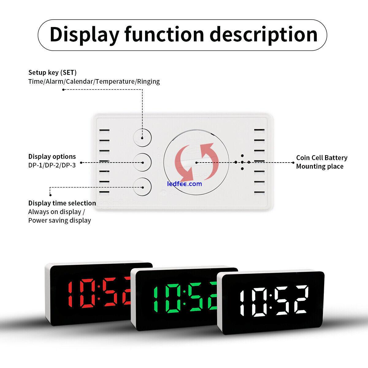Digital Alarm Clock LED Mirror Display Temperature Date Bedside Wall Clock USB 2 