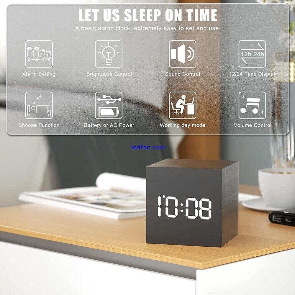 Digital Alarm Clock Wooden Electronic LED Time Display Indoor Temperature New 0 
