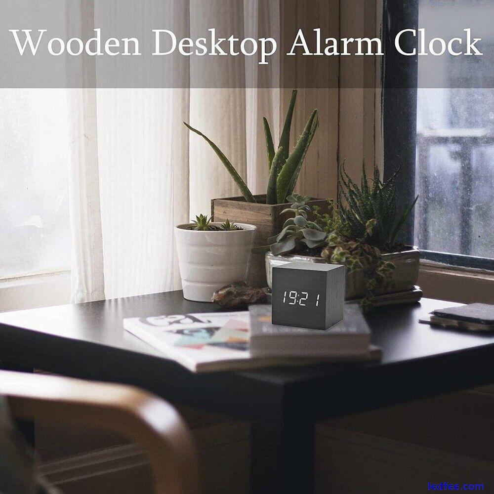 Digital Alarm Clock Wooden Electronic LED Time Display Indoor Temperature New 1 