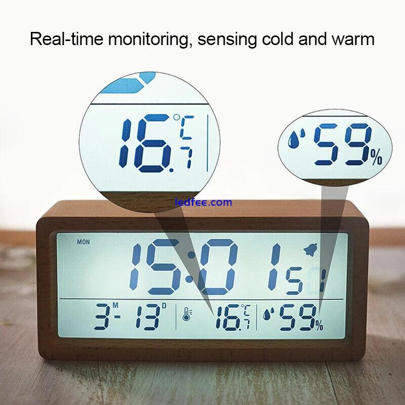 LED Wooden Digital Alarm Clock Screen Date Temperature Backlight Snooze  4 