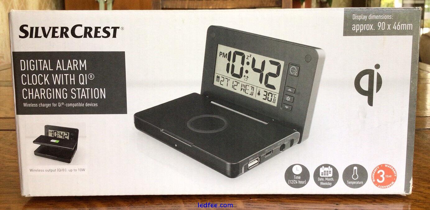 Silver Crest Digital Alarm Clock With USB Charging Station Wireless Charger QI 4 