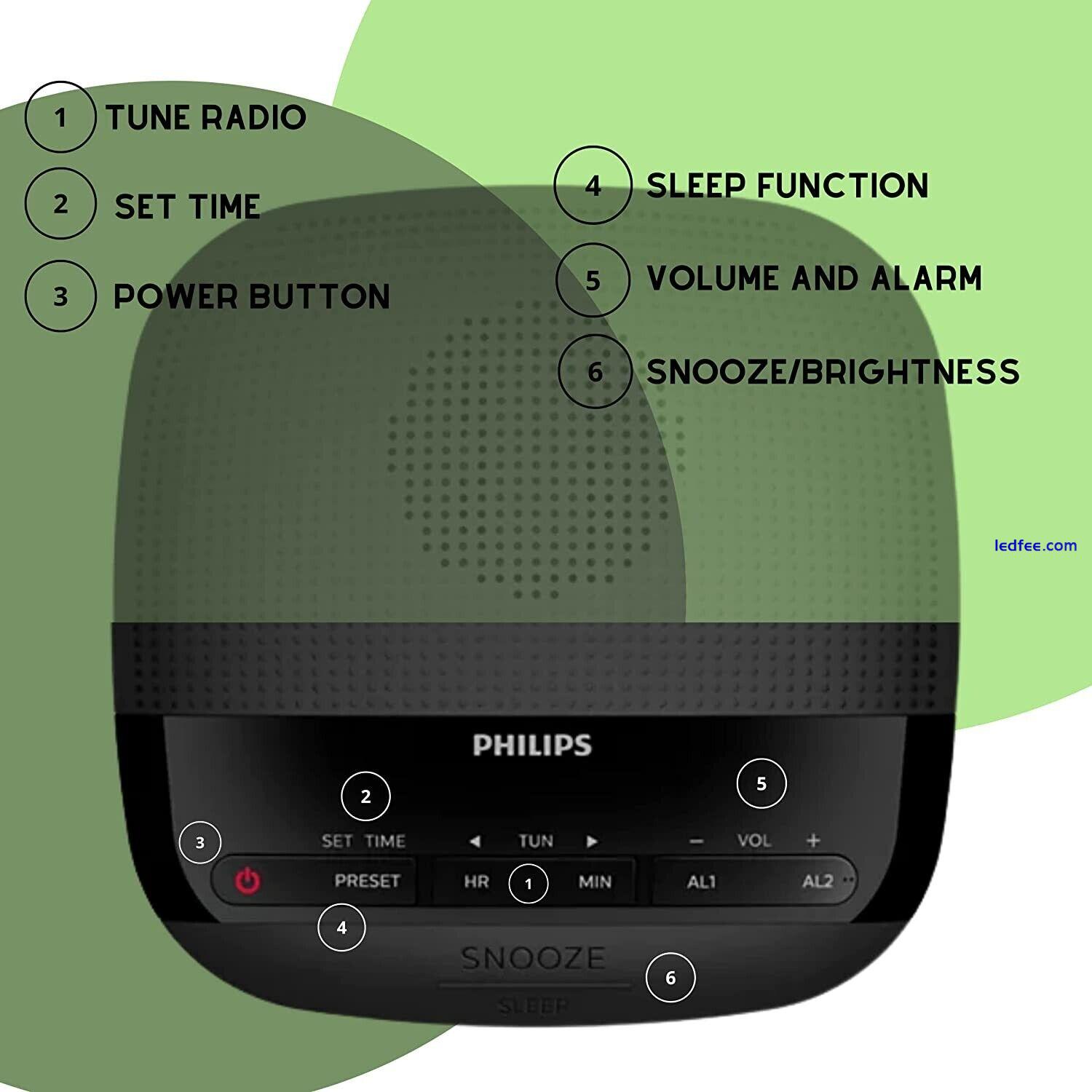 Philips Digital Alarm Clock FM Radio. LED Display, Easy Snooze. Sleep Timer. 1 
