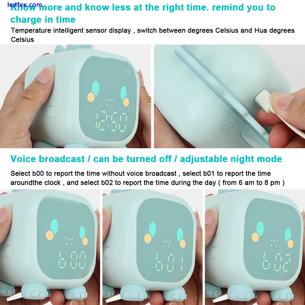Bedside LED Alarm Clock Kids Sleep Trainer Temperature Voice Light Controls Cute 1 