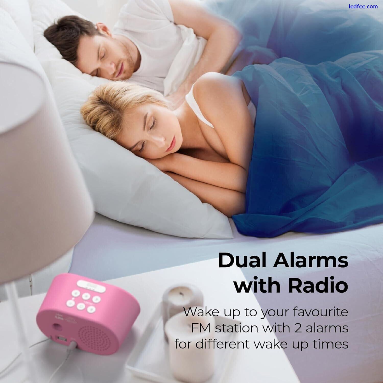 i-box Lite Bedside Alarm Clock FM Radio LED Backlit USB Charger Pink 2 