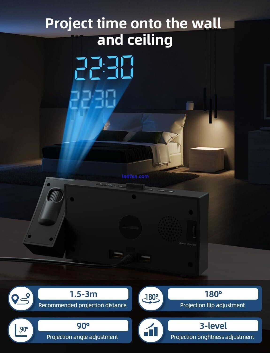 LED Digital Projection Dual Alarm Clock FM Radio Snooze Dimmer USB Charger Black 3 