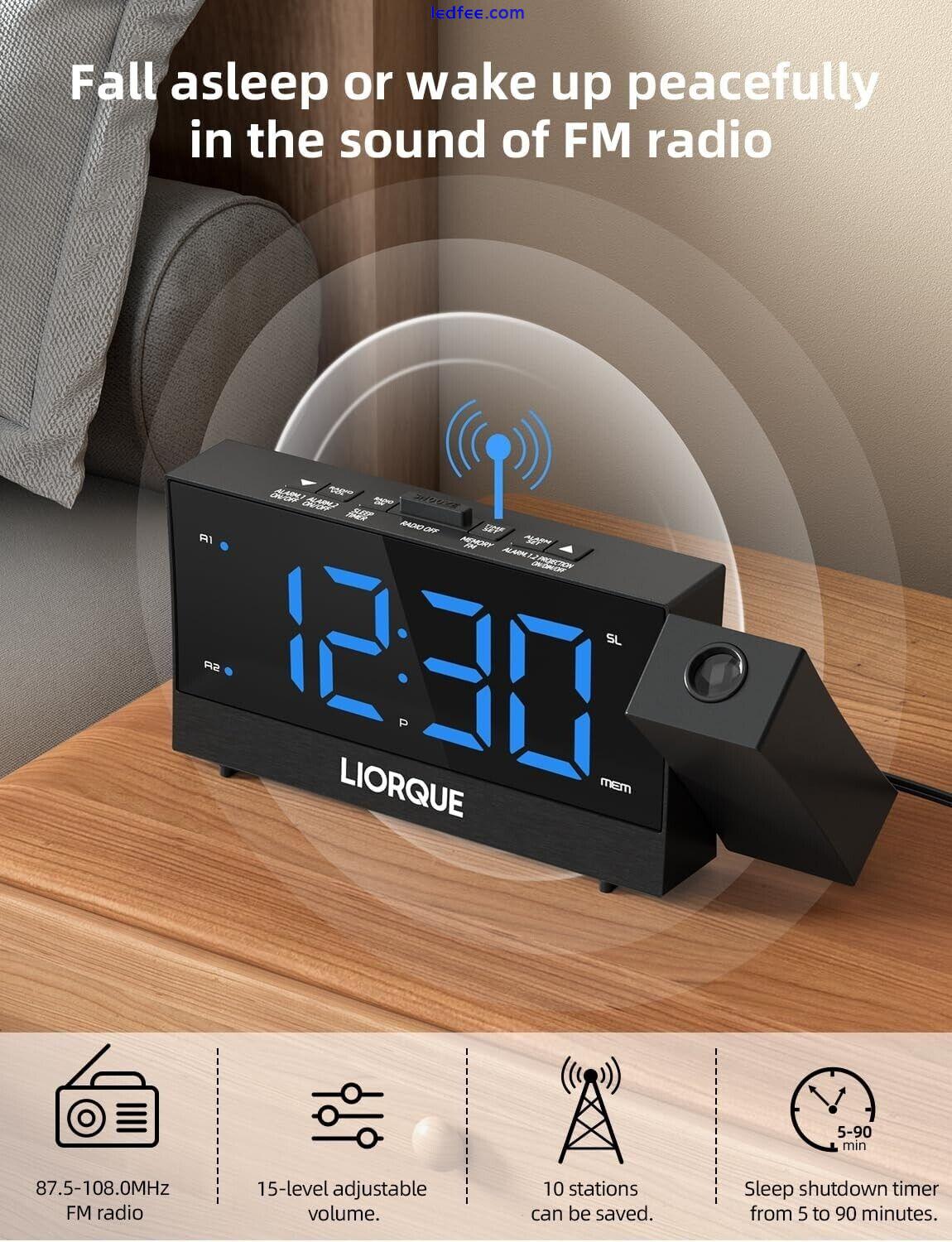 LED Digital Projection Dual Alarm Clock FM Radio Snooze Dimmer USB Charger Black 5 