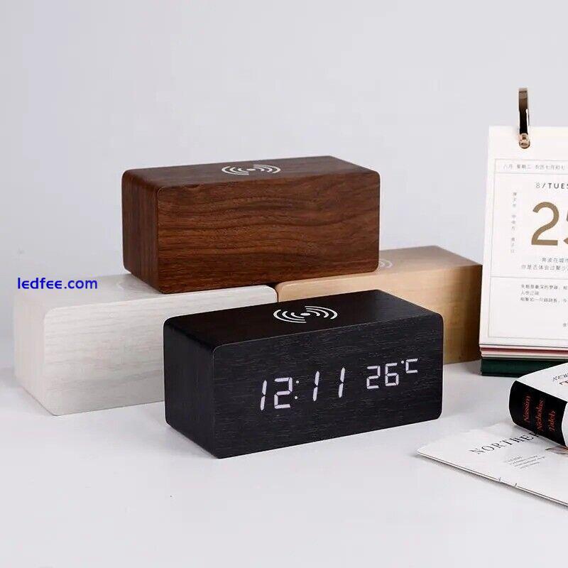 Wooden Digital Alarm Clock with Wireless Charging, LED Clock with Time, Date,Tem 4 