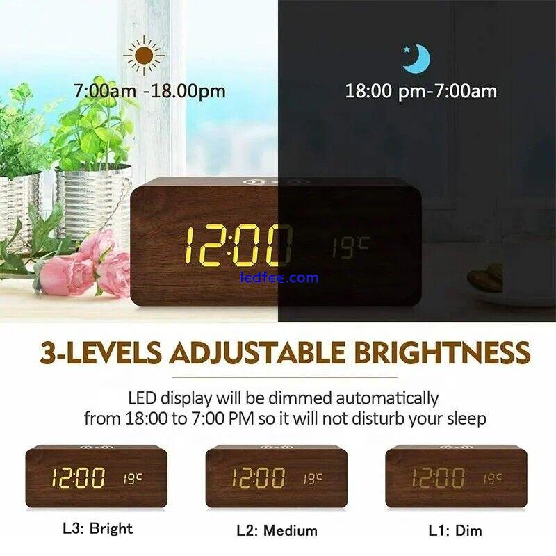 Wooden Digital Alarm Clock with Wireless Charging, LED Clock with Time, Date,Tem 3 