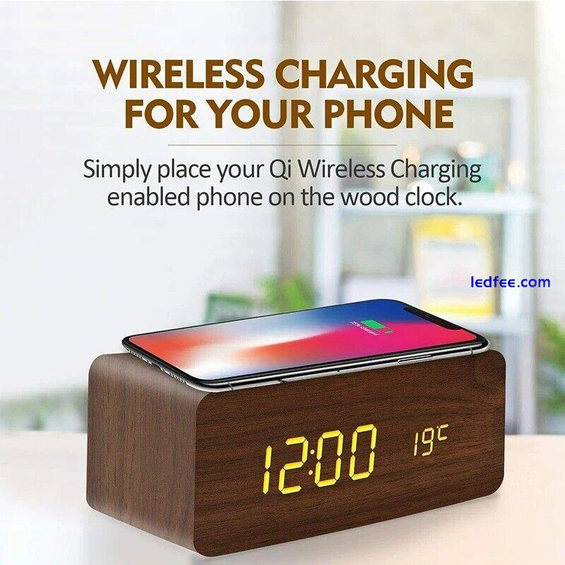 Wooden Digital Alarm Clock with Wireless Charging, LED Clock with Time, Date,Tem 0 