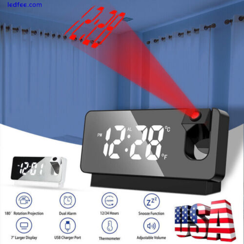 LED Display Projection Alarm Clock Mirror Snooze Alarm 12H/24H Digital Desk USB 0 