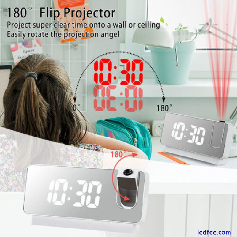 LED Display Projection Alarm Clock Mirror Snooze Alarm 12H/24H Digital Desk USB 3 