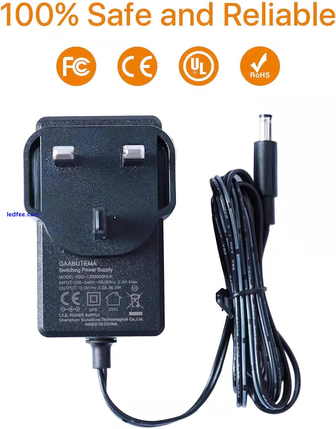 Power Supply Adapter, 12V 3A DC Power Supply Adapter for LED Neon Strip Lights, 2 