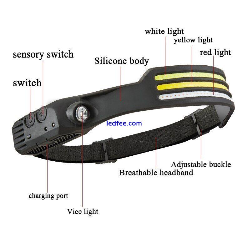 Waterproof COB Headlamp LED Motion Sensor Head Torch Headlights USB Rechargeable 3 