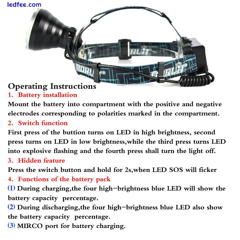 BORUIT LED Headlamp Head Torch USB Rechargeable Camping Lamp Light Waterproof 0 