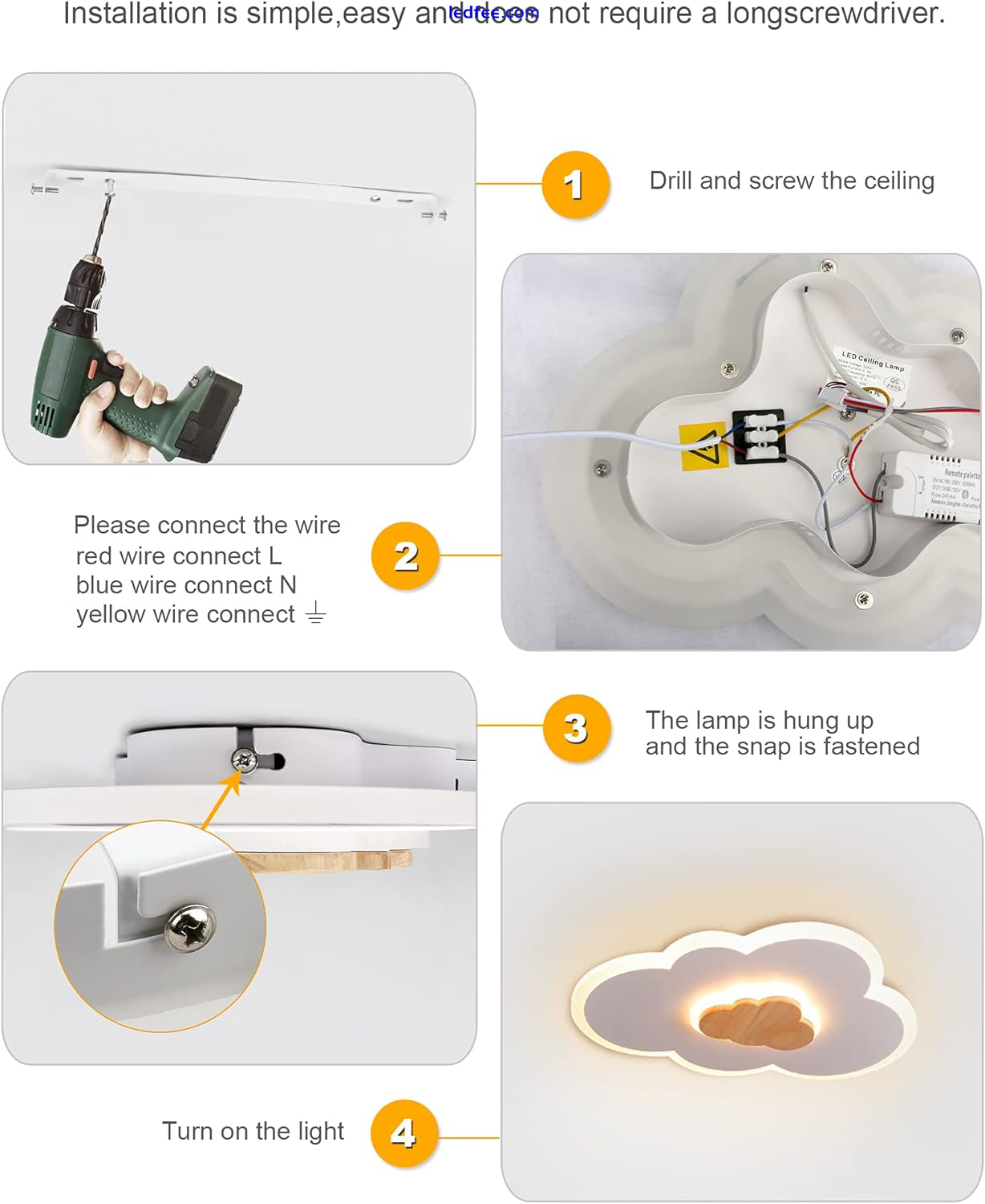 FANLG LED Ceiling Light, 40CM Cloud Light Dimmable Ceiling Lamp with Remote Kids 4 