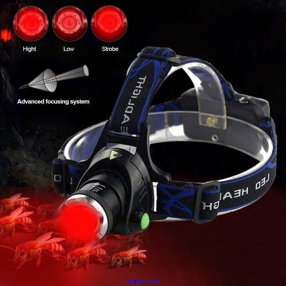 800Yards Red Light LED USB Headlamp Hog Predator Head Torch Hunting Rechargeable 3 