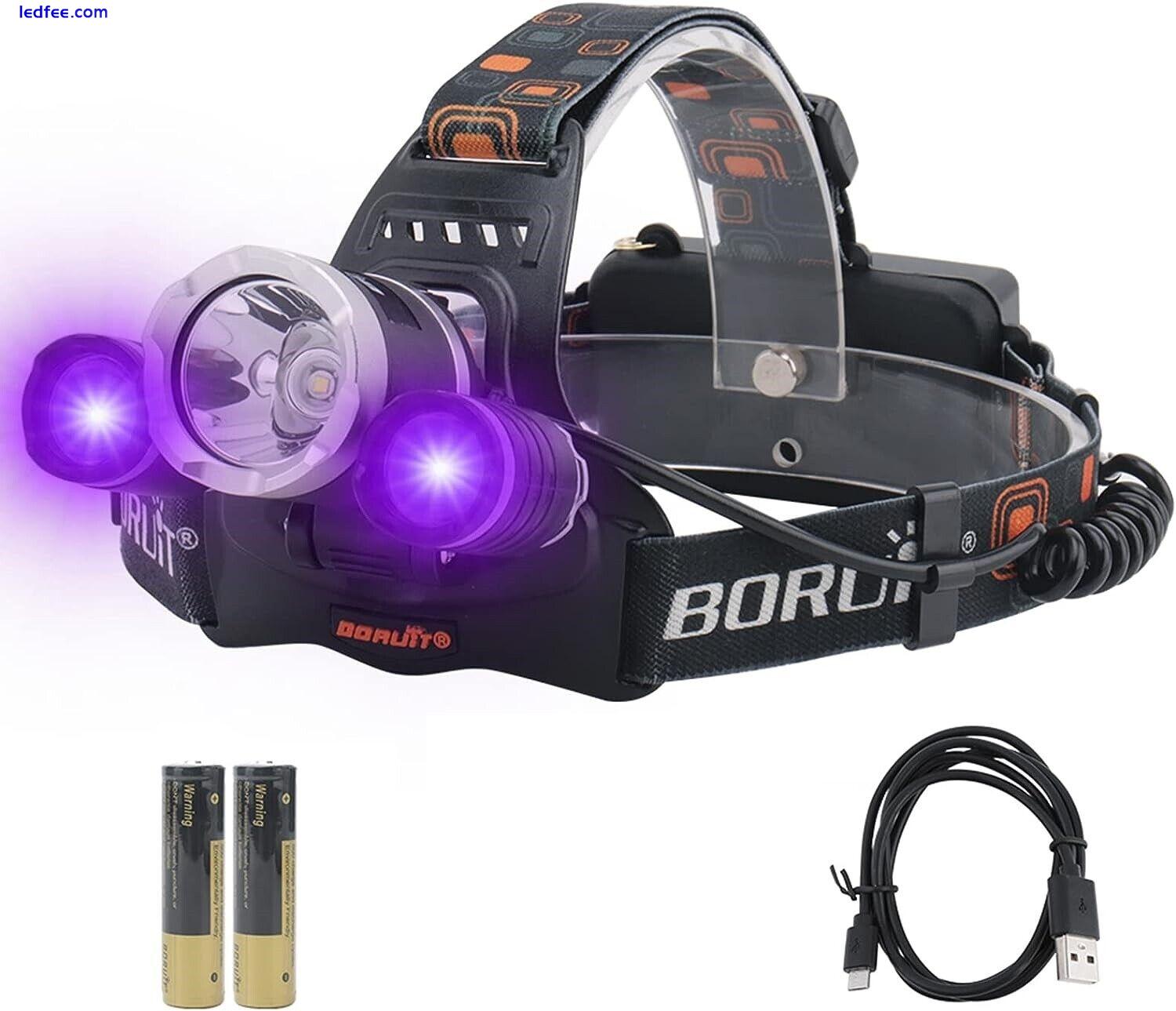 BORUIT Hiking Headlamp 3LED white+UV Lamp Head Torch Rechargeable  Waterproof 0 