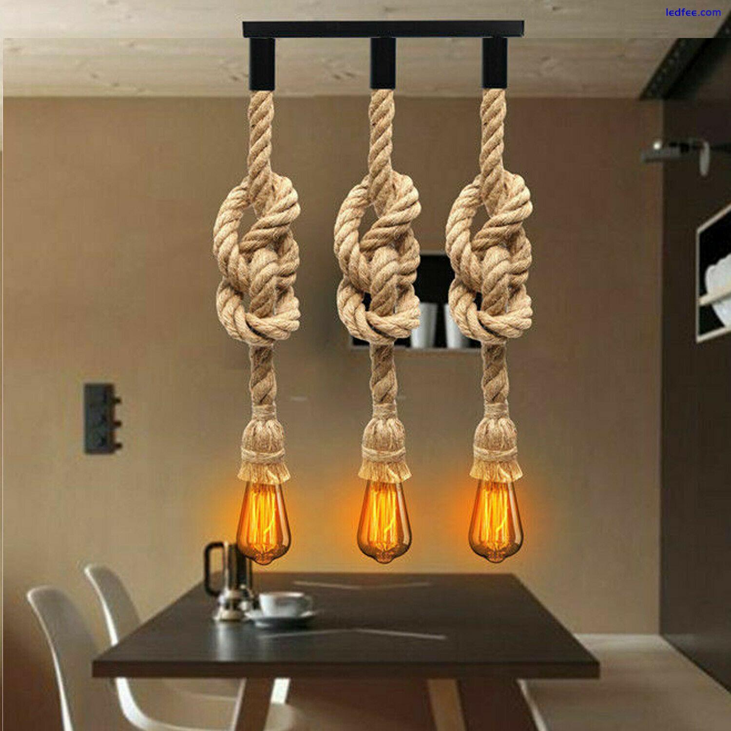 Vintage Ceiling Hemp Rope 3 Head Cluster Retro Pendant Lamp Industrial Lights 2 