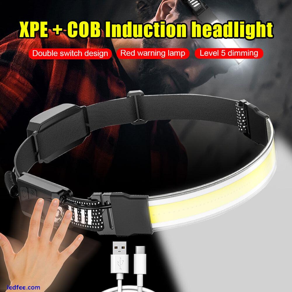 NEU Stirnlampe COB LED Kopflampe USB Wiederaufladbar Bewegungssensor 5 Modi 0 