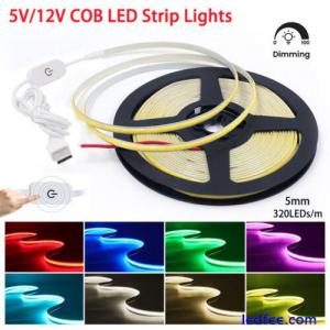 LED Strip Lights 5V 12V 5mm COB High Density Flexible Tape Rope Cabinet Dimmable