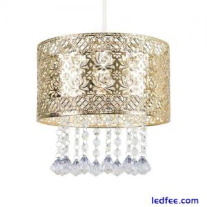 Gold Ceiling Light Shade Pendant Drum Lampshade Jewel Droplets LED Bulb Lighting