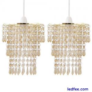 Set of 2 Modern Easy Fit Ceiling Light Shades Gold Amber Acrylic Crystal Jewels