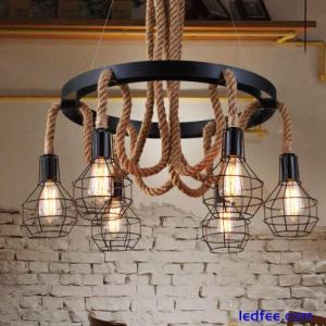 Vintage Loft Hemp Rope Hanging Black Metal Cage 6 Bulbs Ceiling Pendant Lights 