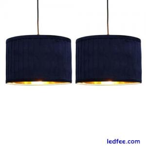 Set of 2 Navy Blue Pleat Velvet Gold Inner 30cm Ceiling Pendant Lightshades Lamp