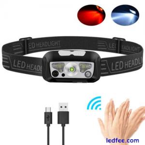 Wave Sensor LED Headlamp Head Torch USB Rechargeable Lamp Red Light Headlight
