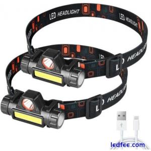 2Pack Waterproof LED Headlamp Super Bright Head Torch Rechargeable COB Headlight