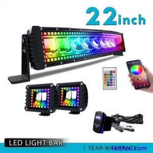 22inch RGB LED Light Bar Spot Flood Combo + 4&quot; Pods Offroad For Jeep Truck SUV