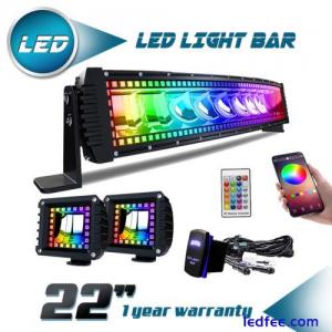 For Jeep Truck SUV 22inch RGB LED Light Bar Spot Flood Combo + 4&quot; Pods Offroad