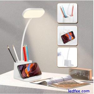 LED Desk Lamp Eye-Caring Table Night Light USB Phone & Dual Pen Holder White