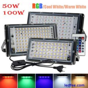 50W 100W LED Flood Light Cool White RGB Outdoor Spotlight Waterproof W/Plug Lamp