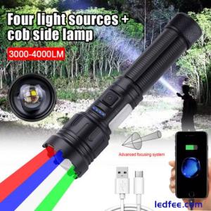 Tactical 4 in1 Red+Blue+Green+White LED Flashlight Light USB Rechargeable Torch