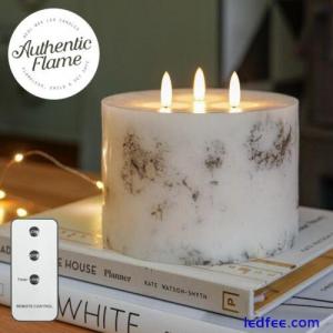 Authentic Flame White LED 3 Wick Marble Remote Control Real Wax Battery Candle