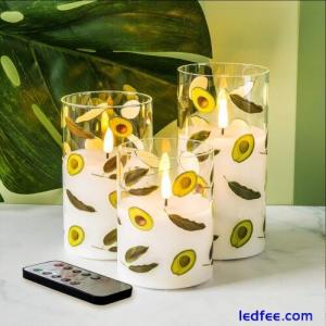 3 Glass Realistic Flameless LED Flickering Candles Set & Remote Control. Avacado