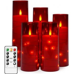 Flameless LED Candles with Timer 5 Pc Decoration Red Acrylic Battery Operated