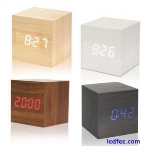 USB Cube Square Digital LED Alarm Clock Wooden Calendar Thermometer Home Decor