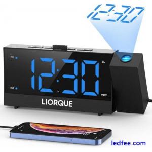 LED Digital Projection Dual Alarm Clock FM Radio Snooze Dimmer USB Charger Black