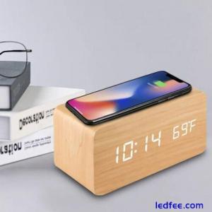 Wooden Digital Alarm Clock with Wireless Charging, LED Clock with Time, Date,Tem