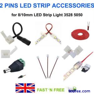 2PIN 8/10MM CONNECTORS CLIP WIRE DC PCB ADAPTER EXTENSION LED STRIP 3528 5050 UK