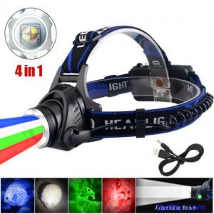 4 in1 Multicolor RGBW Zoom LED Headlamp Head Light Hunting Lamp Torch Waterproof