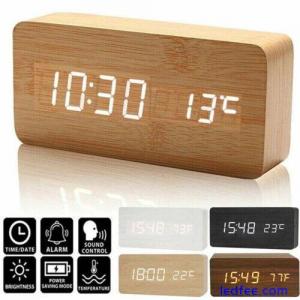 Wooden LED Digital Clock Alarm Clock Time Temperature Calendar USB Alarm Clock