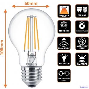 Philips GLS E27 Edison Screw LED Filament Light Bulb 7(60)W LED Warm White 806lm