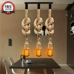 Vintage Ceiling Hemp Rope 3 Head Cluster Retro Pendant Lamp Industrial Lights