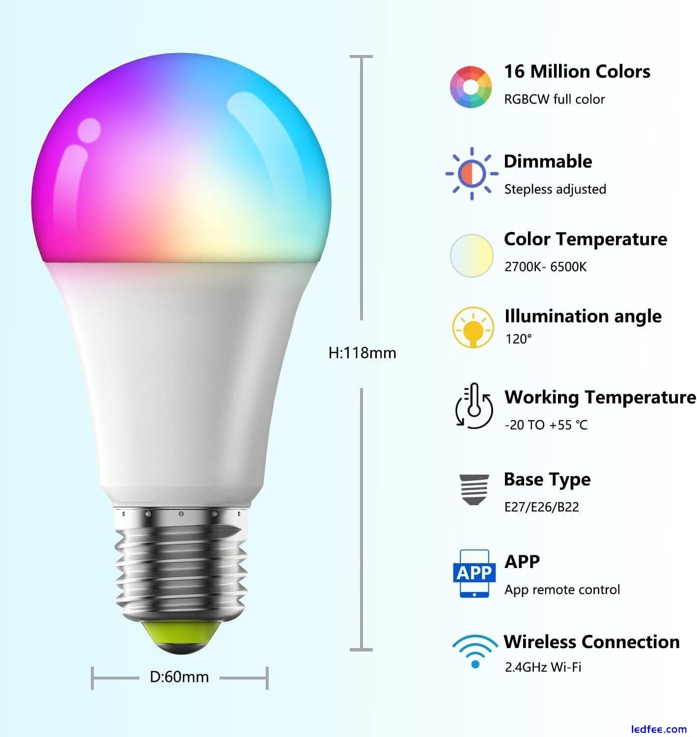 4 Pack E27 Colour Changing LED Light Bulbs Alexa, Google, App, Smart Bulb 10W 2 