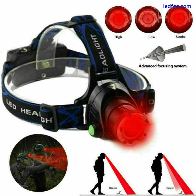 Zoomable Red LED Headlamp Rechargeable Headlight head light Torch Flashlight 4 