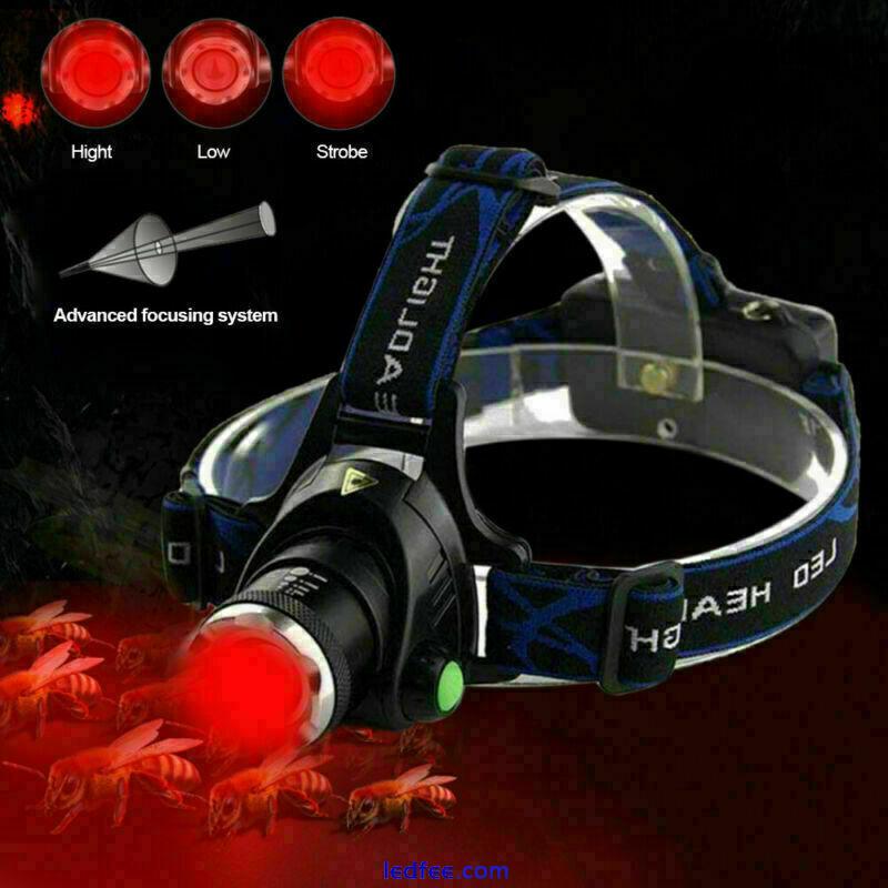 Zoomable Red LED Headlamp Rechargeable Headlight head light Torch Flashlight 3 