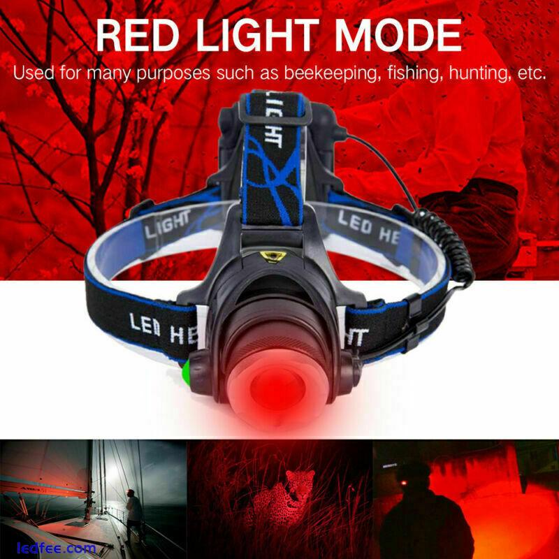 Zoomable Red LED Headlamp Rechargeable Headlight head light Torch Flashlight 2 